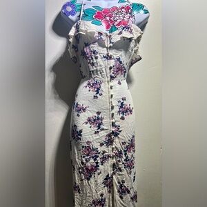 White Off Shoulder Purple Blue Floral Button Front Dress